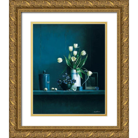 Stillife in blue with tulips Gold Ornate Wood Framed Art Print with Double Matting by Harris, Michael