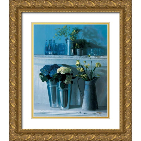Stillife with silver pots Gold Ornate Wood Framed Art Print with Double Matting by Demmick, James