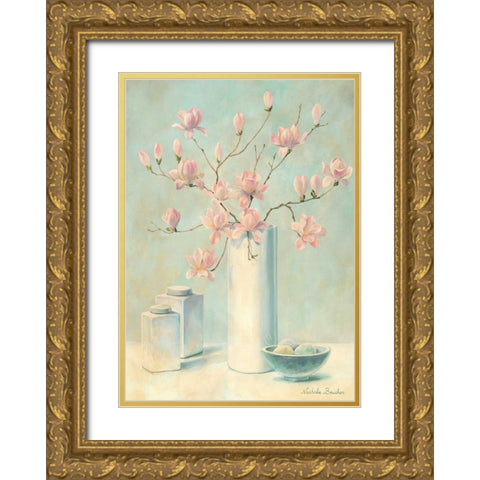 Pink flowers I Gold Ornate Wood Framed Art Print with Double Matting by Boucher, Nathalie