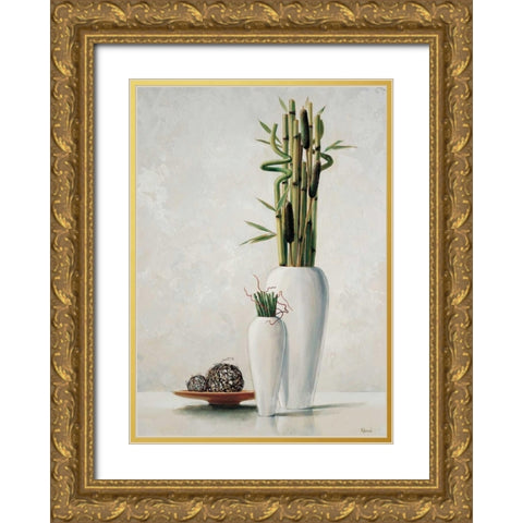 Bamboo in white vase I Gold Ornate Wood Framed Art Print with Double Matting by Renee
