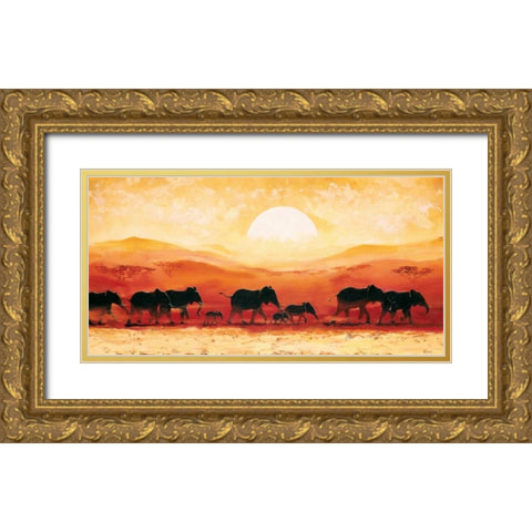 Elephants in sunset Gold Ornate Wood Framed Art Print with Double Matting by Renee
