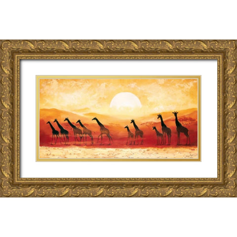 Giraffes in sunset Gold Ornate Wood Framed Art Print with Double Matting by Renee