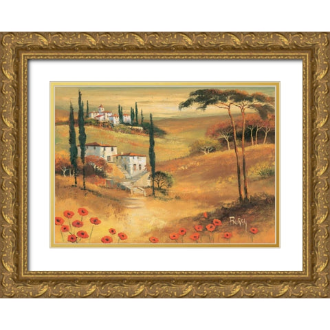 Poppies in Tuscany II Gold Ornate Wood Framed Art Print with Double Matting by Burgy