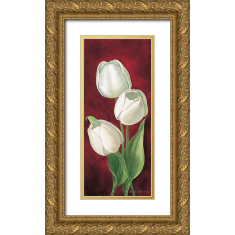 Tulips on burdundy I Gold Ornate Wood Framed Art Print with Double Matting by Schweser, Gertrud