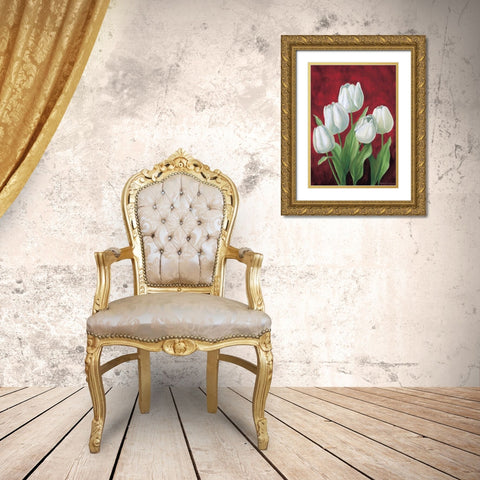 Tulips on burdundy II Gold Ornate Wood Framed Art Print with Double Matting by Schweser, Gertrud