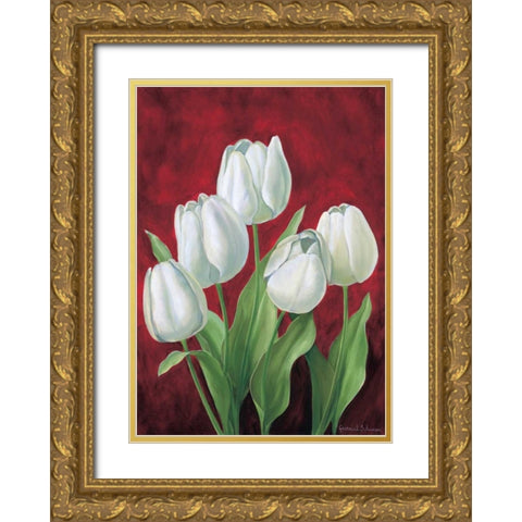 Tulips on burdundy II Gold Ornate Wood Framed Art Print with Double Matting by Schweser, Gertrud