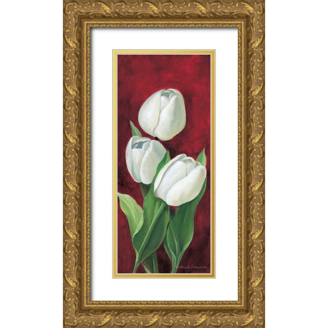 Tulips on burdundy III Gold Ornate Wood Framed Art Print with Double Matting by Schweser, Gertrud
