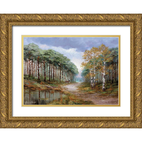 Deer in the woods Gold Ornate Wood Framed Art Print with Double Matting by Withaar, Reint