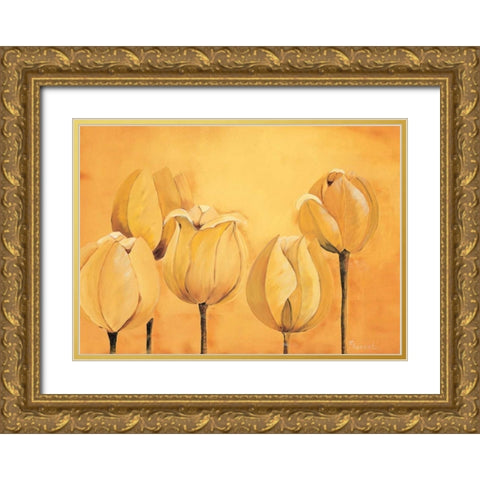 Tulips on yellow Gold Ornate Wood Framed Art Print with Double Matting by Florenti, Isa