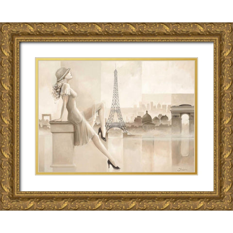 Paris girl Gold Ornate Wood Framed Art Print with Double Matting by Jasper