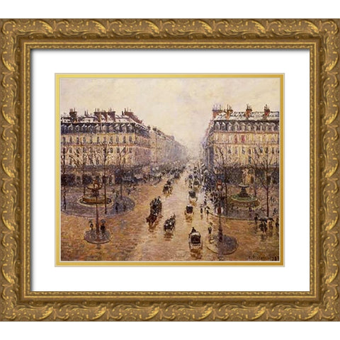 The Avenue De LOpera Gold Ornate Wood Framed Art Print with Double Matting by Pissarro, Camille