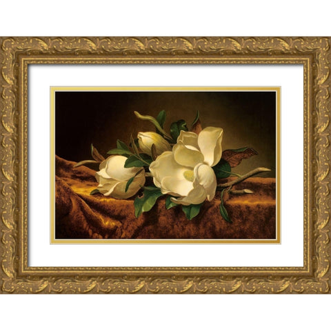 Magnolia On Gold Velvet Cloth Gold Ornate Wood Framed Art Print with Double Matting by Heade, Martin Johnson