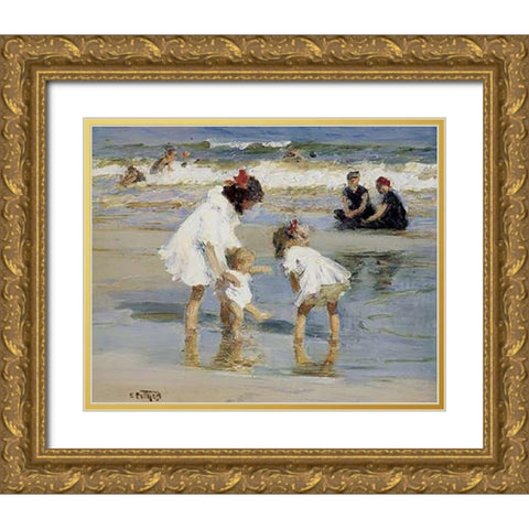 Children Playing At The Seashore Gold Ornate Wood Framed Art Print with Double Matting by Potthast, Edward Henry
