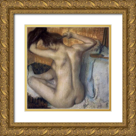 Woman Combing Her Hair Gold Ornate Wood Framed Art Print with Double Matting by Degas, Edgar