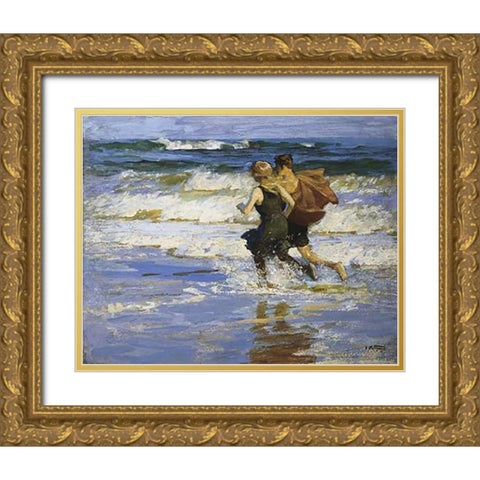 At The Beach Gold Ornate Wood Framed Art Print with Double Matting by Potthast, Edward Henry