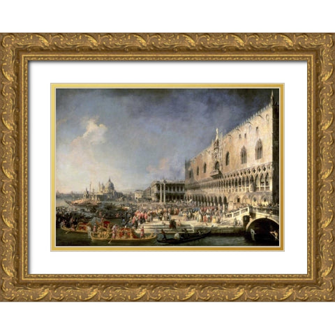 The Reception of the French Ambassador in Venice Gold Ornate Wood Framed Art Print with Double Matting by Canaletto