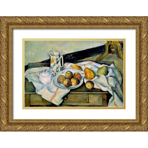 Still Life of Peaches and Pears Gold Ornate Wood Framed Art Print with Double Matting by Cezanne, Paul