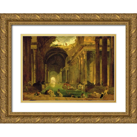 Vue Imaginaire de la Grande Galerie en Ruins Gold Ornate Wood Framed Art Print with Double Matting by Robert, Hubert