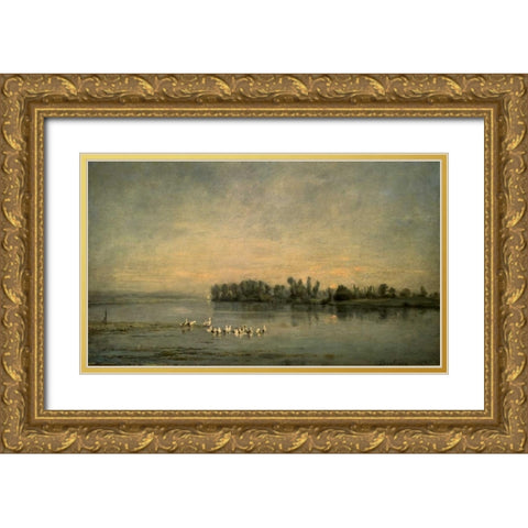 Le Marais de Canards Gold Ornate Wood Framed Art Print with Double Matting by Daubigny, Charles Francois