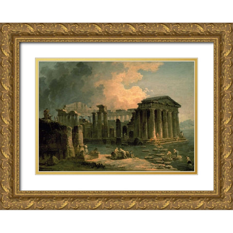 Ruins of a Doric Temple Gold Ornate Wood Framed Art Print with Double Matting by Robert, Hubert