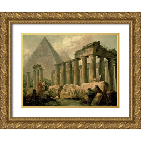 Pyramid and Temples Gold Ornate Wood Framed Art Print with Double Matting by Robert, Hubert