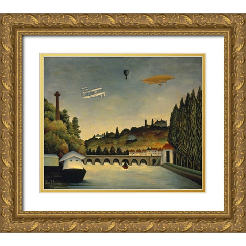 View of the Bridge at Sevres and the Hills at Clam Gold Ornate Wood Framed Art Print with Double Matting by Rousseau, Claude
