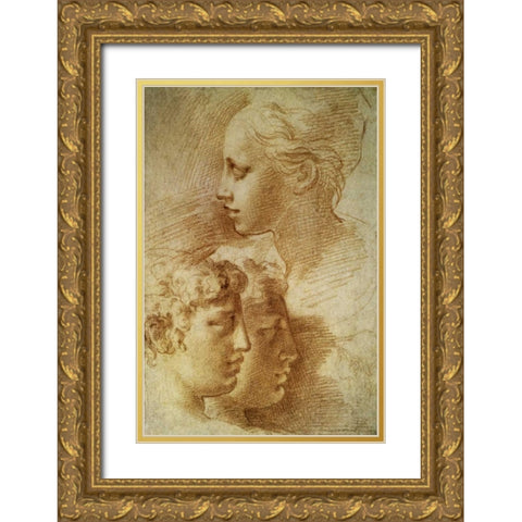 Three Profiles Gold Ornate Wood Framed Art Print with Double Matting by Parmigianino
