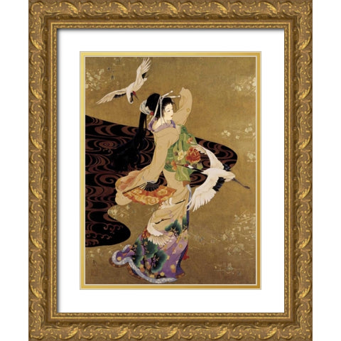 Dance of the Cranes Gold Ornate Wood Framed Art Print with Double Matting by Morita, Haruyo