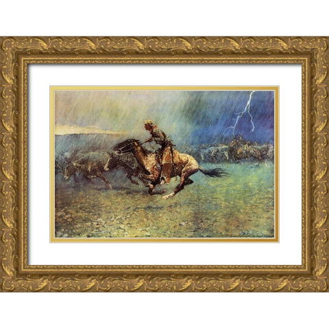 The Stampede Gold Ornate Wood Framed Art Print with Double Matting by Remington, Frederic