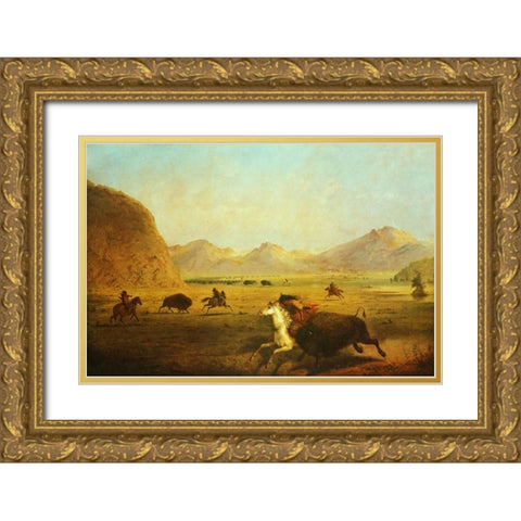 Buffalo Hunt Gold Ornate Wood Framed Art Print with Double Matting by Miller, Alfred J.