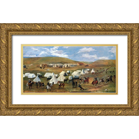 Cowboy Camp During The Roundup Gold Ornate Wood Framed Art Print with Double Matting by Russell, Charles M.