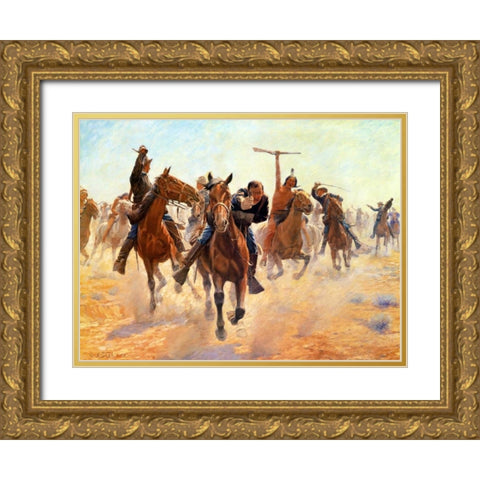 Breaking Through The Lines Gold Ornate Wood Framed Art Print with Double Matting by Schreyvogel, Charles