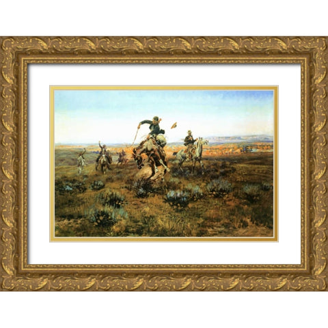 A Bad One Gold Ornate Wood Framed Art Print with Double Matting by Russell, Charles M.