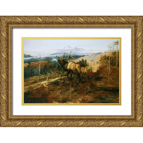 The Elk Gold Ornate Wood Framed Art Print with Double Matting by Russell, Charles M.