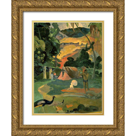 Landscape with Peacock Gold Ornate Wood Framed Art Print with Double Matting by Gauguin, Paul