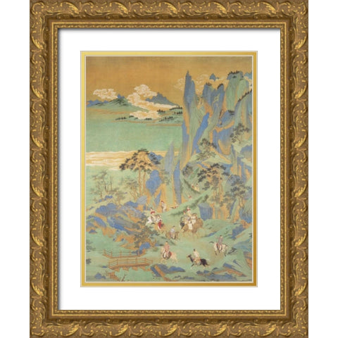 Travellers In The Mountains Of Shu Gold Ornate Wood Framed Art Print with Double Matting by Anonymous
