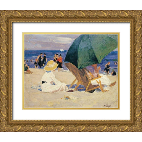 Green Umbrella Gold Ornate Wood Framed Art Print with Double Matting by Potthast, Edward Henry