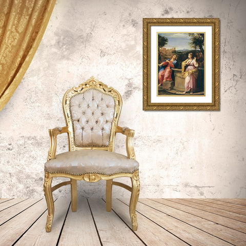 Museumist and The Woman of Samaria at The Well Gold Ornate Wood Framed Art Print with Double Matting by Albani, Francesco