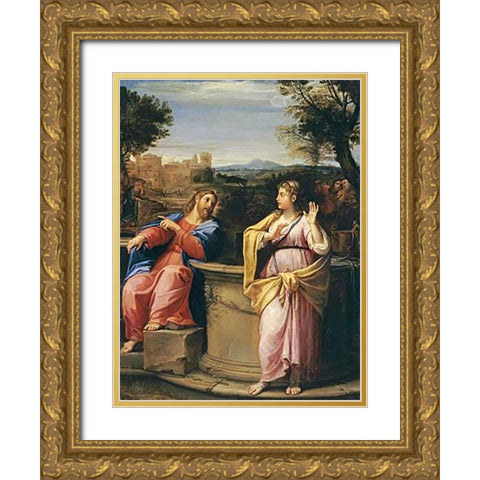 Museumist and The Woman of Samaria at The Well Gold Ornate Wood Framed Art Print with Double Matting by Albani, Francesco