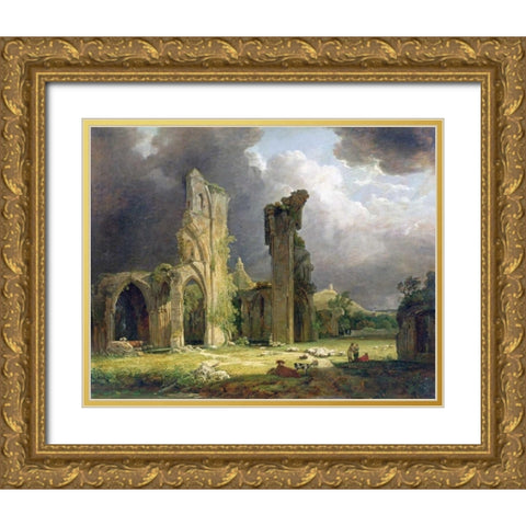 Glastonbury Abbey With The Tor Beyond Gold Ornate Wood Framed Art Print with Double Matting by Arnald, George