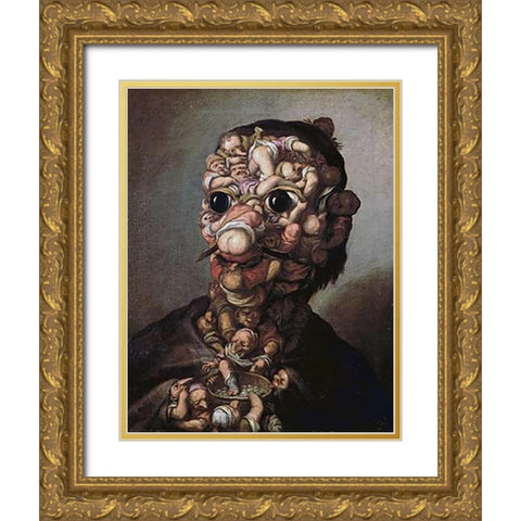 A Head Formed Out of Pygmies Gold Ornate Wood Framed Art Print with Double Matting by Bocchi, Faustino