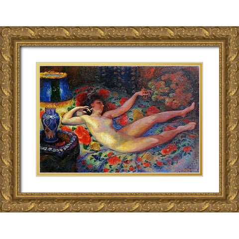 Nude With a Blue Lamp Gold Ornate Wood Framed Art Print with Double Matting by Bracquemond, Felix