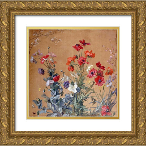 Poppies, Irises and Blossom Gold Ornate Wood Framed Art Print with Double Matting by Brenner, Jean