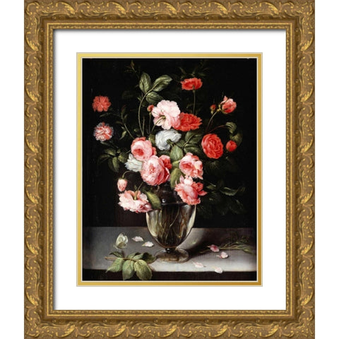 Roses and Carnations In a Glass Vase On a Stone Ledge Gold Ornate Wood Framed Art Print with Double Matting by Brueghel, Ambrosius