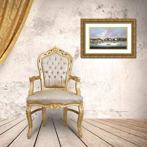 A View of Singapore From The Roads Gold Ornate Wood Framed Art Print with Double Matting by Chinese School