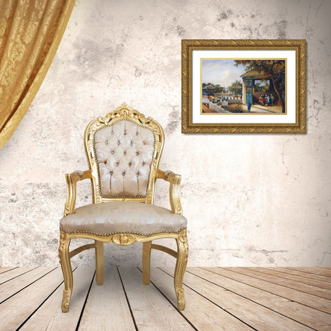 Chinese Ladies Playing Mahjong In The Pavilion of a House Gold Ornate Wood Framed Art Print with Double Matting by Chinese School
