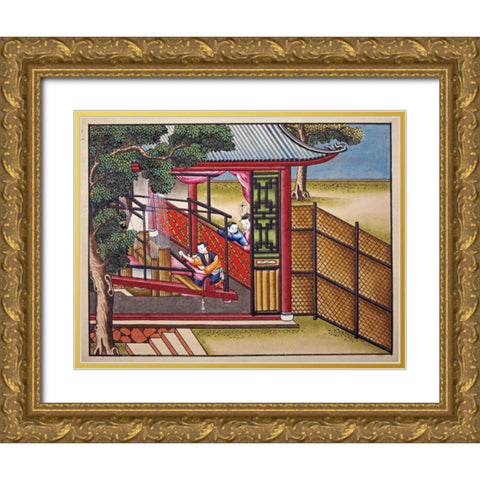 Weaving Silk On a Loom Gold Ornate Wood Framed Art Print with Double Matting by Chinese School