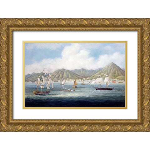 A View of Victoria, Hong Kong Gold Ornate Wood Framed Art Print with Double Matting by Chinese School