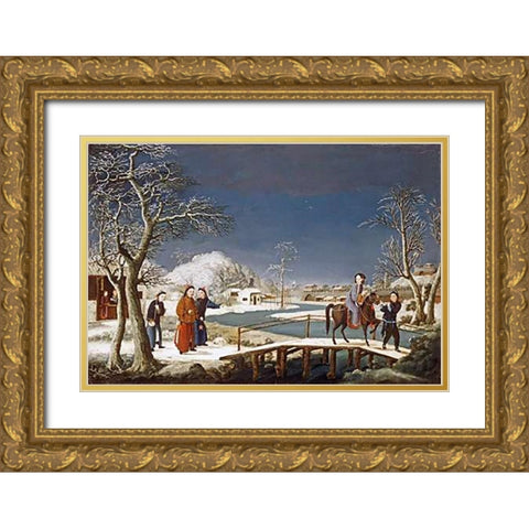 Winter: a Frozen River Landscape Gold Ornate Wood Framed Art Print with Double Matting by Chinese School