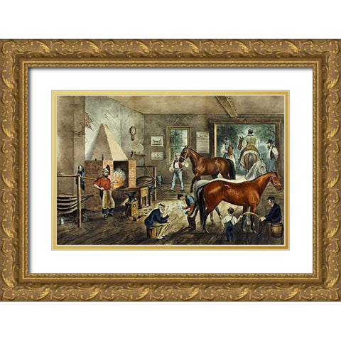 Trotting Cracks at The Forge Gold Ornate Wood Framed Art Print with Double Matting by Ives, Currier and